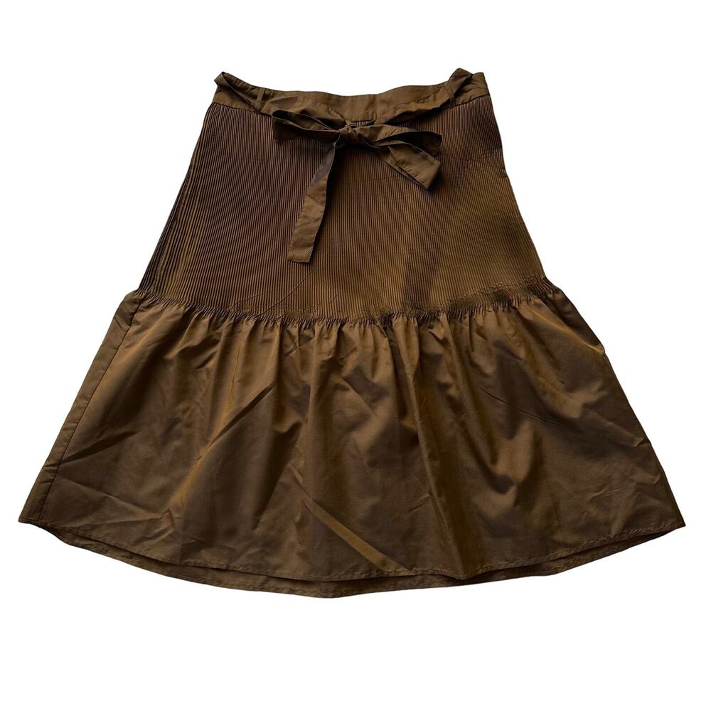 Anthropologie Ipsa Metallic Molten Copper Bow Belt Smock Pleated Midi Skirt‎ 10